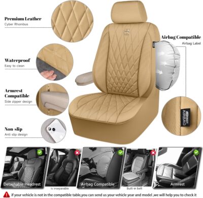 CAR PASS Piping Luxury PU Leather Two Front Car Seat Covers, Waterproof Anti Slip Seat Covers Compatible with Front Seat Armrests,Universal Fit for Suvs,Vans,Trucks,Airbag Compatible(All Beige) - Image 3