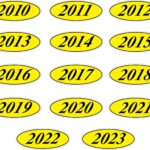 EZ-Line Oval Model Windshield Year Stickers for Car Windows Large Vinyl Dealership Supplies 14 Dozen Pro Pack 1 Dozen Each Year 2010-2023 (Black Yellow)
