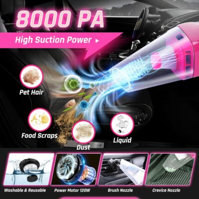 47PCS Car Detailing Kit Interior Cleaner, Car Cleaning Supplies with High Power Car Vacuum Cleaner,Auto Detailing Kit,Car Wash Kit with Bucket Detailing Brush Set,Pink Car Accessories for Women - Image 2