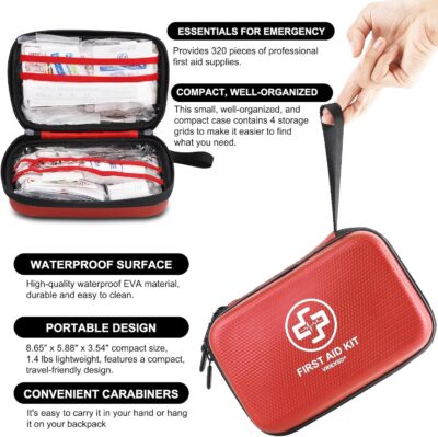 Premium First Aid Kit, 320 Piece Waterproof Hard Shell Eva First Aid Kit for Home, Camping, Cars, Hiking, Travel, Businesses & Outdoor Emergencies - Emergency Medical Kits (Red) - Image 4
