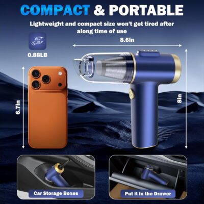 Handheld Car Vacuum Cleaner, 2-in-1 Portable Mini Car Vacuum Cleaner,16000Pa High Power & Air Duster, Handheld Vacuum Cordless with LED Light and Multi-Nozzles for Car,Home,Office,Pet(Blue) - Image 2