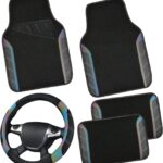 CAR PASS Leather Steering Wheel Cover and Waterproof Car Floor Mats,Microfiber Universal Car Combo Fit for 95% Sedan,SUV,Cars,14.5-15inch Sporty Anti-Slip Safety Comfortable Design(Black＆Reflective)