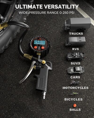 ETENWOLF T500 Digital Tire Pressure Gauge with Inflator, Tire Gauge 0-250 PSI, Calibrated to ANSI B40.7 Grade 2A, Air Chuck & Compressor Accessories with Storage Bag, Black - Image 3