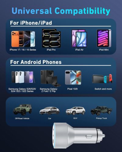 for iPhone 17/16/15 Pro Max Car Charger, 67W 3-Port Fast USB C Car Charger Power Cigarette Lighter Adapter with 3FT USB C to C Cable for iPhone 17/17 Pro/Air/17e/16/15 Pro Max/Plus/16e, iPad - Image 6