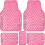 CAR PASS Bling Leather Car Mats Shining Diamond Floor Mats Crystal Rhinestones Sparkly Glitter Carpet Anti-Slip Waterproof Pad Universal Fit for Automotive SUV, Sedan, Van, 5pcs for Girl Women Pink