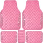 CAR PASS Bling Leather Car Mats Shining Diamond Floor Mats Crystal Rhinestones Sparkly Glitter Carpet Anti-Slip Waterproof Pad Universal Fit for Automotive SUV, Sedan, Van, 5pcs for Girl Women Pink
