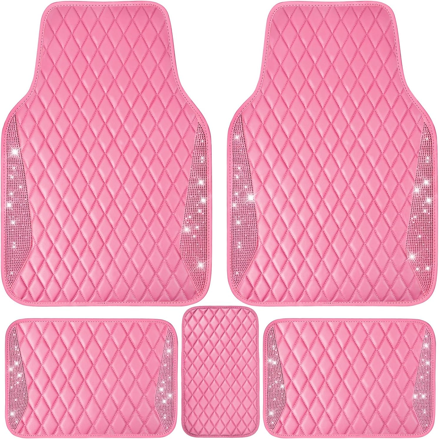 81TwwQZJKML._AC_SL1500_.jpg CAR PASS Bling Leather Car Mats Shining Diamond Floor Mats Crystal Rhinestones Sparkly Glitter Carpet Anti-Slip Waterproof Pad Universal Fit for Automotive SUV, Sedan, Van, 5pcs for Girl Women Pink - Image 1