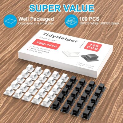 100 PCS Adhesive Cable Clips (Small, White&Black), Upgraded Wall Wire Holder Cord Organizer for Cable Management Under Desk, Light Clips Hooks for LED, Car Dash Cam, USB Cable - Image 2