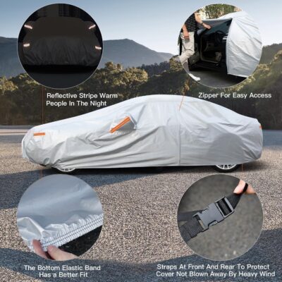 Kayme 6 Layers Car Cover Waterproof All Weather for Automobiles, Outdoor Full Cover Rain Sun UV Protection with Zipper Cotton, Size A2 3XL Universal Fit for Sedan (186-193 inch) - Image 3