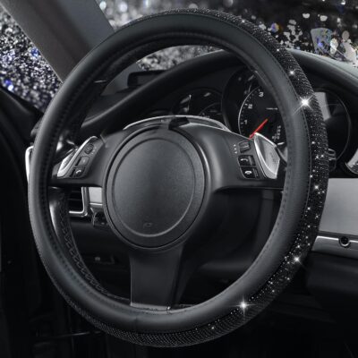 CAR PASS Bling Diamond Leather Steering Wheel Cover, With Sparkly Crystal Glitter Rhinestones Universal Fit 14"1/2-15" Car Wheel Protector for Women Girl Fit Suvs,Vans,Sedans,Car,Trucks, Black Diamond - Image 6
