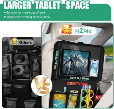 Car Backseat Organizer with Tablet Holder,11 Storage Pockets with Foldable Food Tray, Protector Kick Mats for Kids, Travel Accessories Organizer (Black, 2Pack with Food Tray) - Image 4