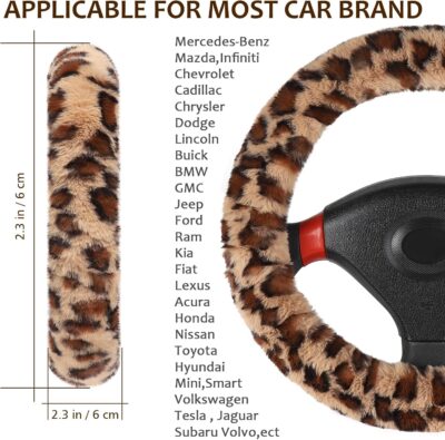 Accmor Fuzzy Car Steering Wheel Cover, Universal Fit Fur Auto Wheel Cover & Handbrake Cover & Gear Shift Cover Set, Leopard Warm Fluffy Vehicle Wheel Protector Car Accessories for Men Women (Brown) - Image 2