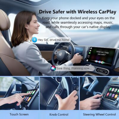 Wireless CarPlay Adapter with Wired DP Video Streaming for Net-Flix YouTube TikTok, Screen Mirroring for iOS & Android, Voice Control Navigation Music Calls, Compatible with Wired CarPlay Gray - Image 5