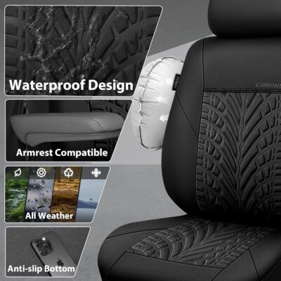 CAR PASS Neoprene Waterproof Seat Covers Full Sets, Wetsuit Car Seat Covers 5 Seats Universal Fit for Vans, Truck, SUV, 3D Tyre Embossed Seat Covers Anti Slip with Armrests, Aibag Compatible(Black) - Image 3