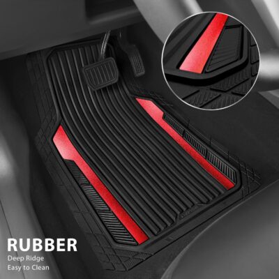 CAR PASS Heavy Duty Rubber Car Mats Metallic, Aluminum Film All Weather Floor Mats Waterproof Universal Trim to Fit Automotive SUV Sedan Van 4 Piece Anodized Deep Dish Two-Tone Sporty Black Red Chrome - Image 2