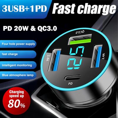 Car Charger Adapter, 4-Port Cigarette Lighter USB Charger Adapter with Voltmeter PD 3.0 & QC 3.0 Car USB Charger Multi Port Accessories Fast Charging for iPhone, Samsung, iPad & Phone Tablets - Image 2