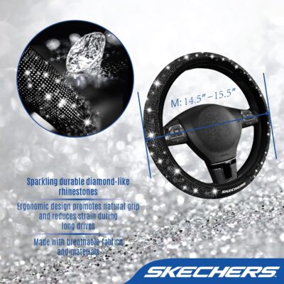 Skechers Women’s Bling Steering Wheel Cover, Velvet with Sparkly Crystal Rhinestones, Stylish Car Interior Gift, Universal Fit 14" 1/2-15" for Cars, SUVs, Trucks, Black Diamond - Image 3