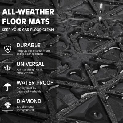 CAR PASS Bling Diamond Car Mats Rubber Floor Mats Full Set Anti-Slip 3D Rhombus Waterproof Trim to Fit Liner Universal Glitter Crystal Sparkly Shining Rhinestone Girl Women SUV Sedan Van, Black Silver - Image 6