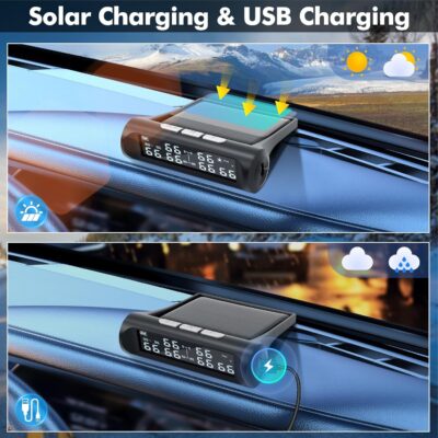 Tire Pressure Monitoring System,RV TPMS,5 Alarm Modes,Real-time Tire Pressure&Temp LCD Display,IPX67 Waterproof,Wireless Solar System&USB Charge,TPMS for 6 Wheeled RV/Trailer/Truck/Sedan(0-144psi) - Image 4