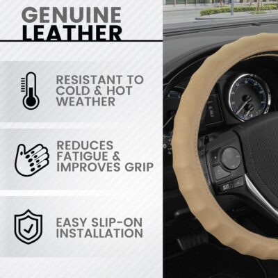 BDK Genuine Leather Car Steering Wheel Cover Small Size 13.5 to 14 Inch Beige -, Easy Installation - Image 2
