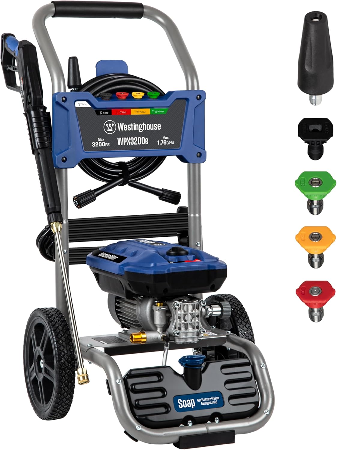 81VHfLQ8dUL._AC_SL1500_.jpg Westinghouse WPX3200e Electric Pressure Washer, 3200 Max PSI and 1.76 Max GPM, Induction Motor, Onboard Soap Tank, Spray Gun and Wand, 5 Nozzle Set, for Cars/Fences/Driveways/Homes/Patios/Furniture - Image 1