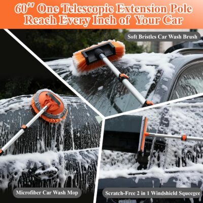 21Pcs Car Wash Kit with 60" Heavy-Duty Extension Pole, Soft Car Wash Brush, Wheel & Tire Brush, Scratch-Free Car Mop Mitt & Window Squeegee, Detailing Tool for Car Exterior & Interior Cleaning - Image 2
