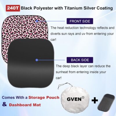 Gven Windshield Sun Shade 2pcs with Bonus Pink Car Sunshade for Front Window Shades 2025 Technology Reflect UV and Heat Sun Visor Automotive Accessories Interior Sun Protection (Pink Leopard, M) - Image 3