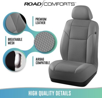 Road Comforts Full Set Leather Mesh Car Seat Cover - Front and Rear, Breathable & Stylish, Airbag Compatible, Universal Fit for Cars, SUVs, Trucks, and Vans - Gray - Image 7