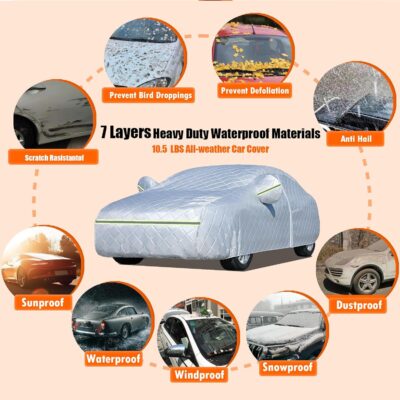 7 Layers Waterproof Heavy Duty Car Covers for Automobiles All Weather Season Anti-Hail UV Protection Snowproof Outdoor 10.5LBS Full Cover Universal Fit Sedan 178" to 185" - Image 2