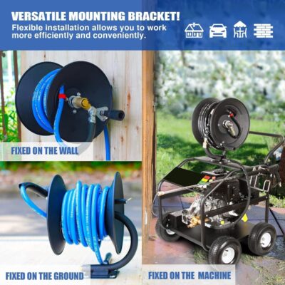 MEKOH Pressure Washer Hose Reel 50ftx3/8” / 65ftx1/4”, 4000PSI Heavy Duty Power Washer Hose Reel with M22-14 Fitting, Hand Crank Metal Reel with Wall/Trailer/Van Mount, Manual Hose Reel for Water - Image 5