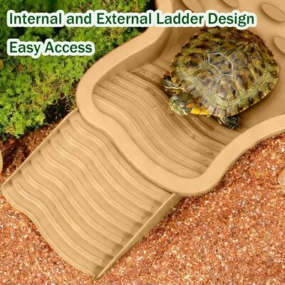 Reptile Swimming Pool 2-in-1 Turtle Bathtub Balcony Climbing Pet Water Basin with External Ramp and Ladder, Suitable for Geckos Snakes Turtles Chameleons Lizards Climbing and Shower (Brown Yellow) - Image 7