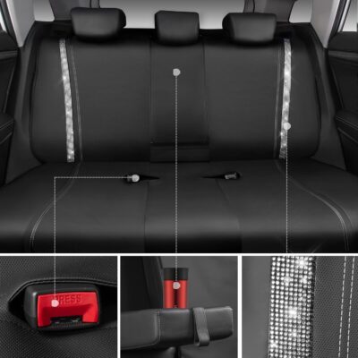 CAR PASS Bling Diamond Car Seat Covers Full Set, Shining Rhinestone Waterproof Faux Leather, Rear with Zipper, Universal Fit Automotive Glitter Crystal Sparkle Strips for Cute Women Girl, Silver - Image 7