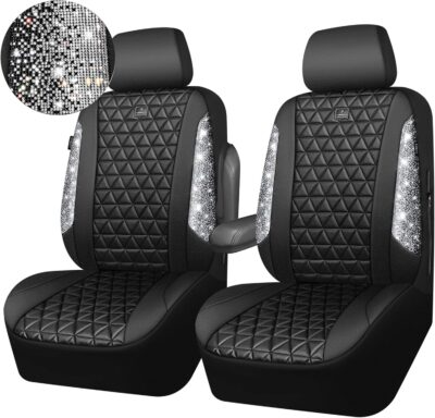 CAR PASS Bling Diamond Leather Car Seat Covers for 2 Front Interior Sets, Waterproof Shining Glitter Sparkly Crystal Universal Armrest Fit Automotive Truck SUV Cute Women Girl, Black Silver Rhinestone - Image 9