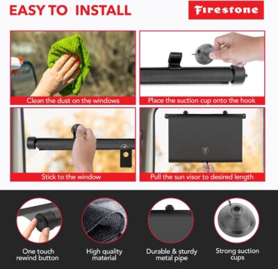 Firestone 2 Pack Retractable Automotive Sunshade Car Window Sunshades - Blocks 99% UV Rays, Lightweight & Compact Car Side Window Shade with Automatic Retract Button, Blocks Glare & Heat, Black - Image 5
