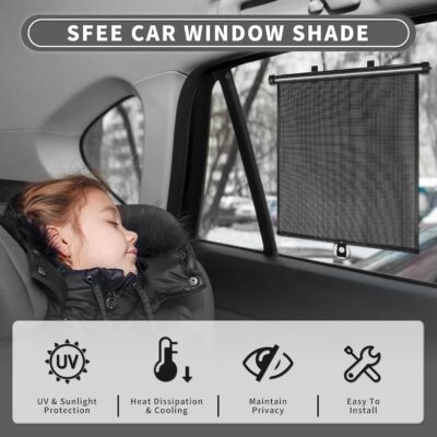 Sfee Car Window Shade for Side Windows, 2 Pack Sun Shade Retractable for Car Blocks Heat and UV Rays Glare Protection Roller Sunshade Visor for Baby, Kids, Pets, Passengers - Image 2