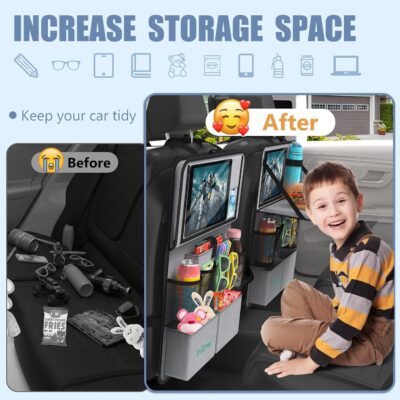 Car Backseat Organizer with Tablet Holder,11 Storage Pockets with Foldable Food Tray, Protector Kick Mats for Kids, Travel Accessories Organizer (Gray, 2Pack with Food Tray) - Image 4