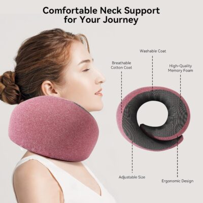 Travel Pillow, 100% Pure Memory Foam Neck Pillow for Airplanes, Comfortable Breathable Cover, Travel Essentials for Plane, Car, Train and Home, Red - Image 3