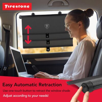 Firestone 2 Pack Retractable Automotive Sunshade Car Window Sunshades - Blocks 99% UV Rays, Lightweight & Compact Car Side Window Shade with Automatic Retract Button, Blocks Glare & Heat, Black - Image 4