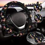 Wildflower Steering Wheel Cover for Women, Universal Auto Steering Wheel 14-15 Inch Car Interior Accessories with 2PCS Car Coasters, Suitable for Men and Women