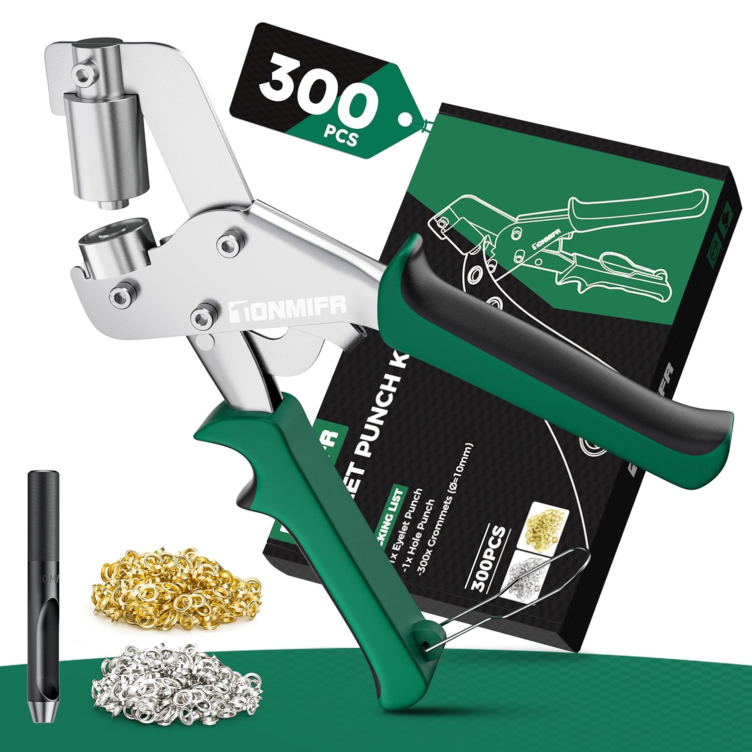 81Xsr-u1a0L._SL1500_.jpg Professional Grommet Tool Kit with 3/8 Inch Eyelets - Heavy Duty Metal Grommet Press for Fabric, Leather, Tarps, DIY and Crafts, Tonmifr Grommet Kit with Hole Cutter, Pliers & 300 Pcs 10mm Grommets - Image 1