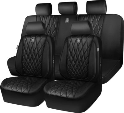 CAR PASS 5 Seats Piping Luxury Faux Leather Seat Covers Full Set, Anti-Slip Waterproof Seat Covers Compatible with Front Armrests, Universal Fit for Suvs,Vans,Trucks,Airbag Compatible, Pure Black - Image 9