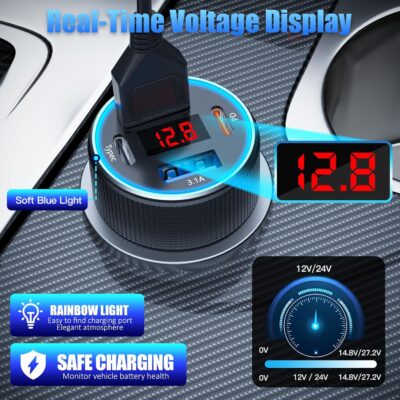 Car Charger USB C, 78W 4 Port Fast Charging Car Phone Charger Adapter, Dual USB-C & USB-A Cigarette Lighter Adapter with Voltmeter Vehicle Accessories for iPhone 17 16, iPad, Samsung, Android - Image 4