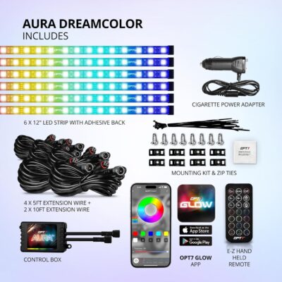 OPT7 Aura DreamColor RGB-IC Car Interior Ambient Light, 6PC Single Row LED Strips, Color Chasing Light Kit w/APP & Remote Control, Universal for Vehicles SUV Truck Pickup Van - Image 8