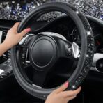 CAR PASS Bling Diamond Leather Steering Wheel Cover, With Sparkly Crystal Glitter Rhinestones Universal Fit 14"1/2-15" Car Wheel Protector for Women Girl Fit Suvs,Vans,Sedans,Car,Trucks, Black Diamond - Image 2
