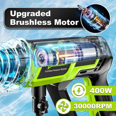 Cordless Pressure Washer 1500PSI 2.6GPM 400W Brushless Motor,Portable Electric Power Washer, 2 Batteries, Fast Charger, 6-in-1 Nozzle, Extension Rod, 16.4FT Hose & Storage Case for Car Home Cleaning - Image 2