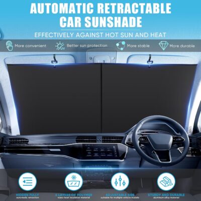 Automatic Retractable Car Sunshade, 2025 New Adjustable Auto Windshield Sun Shade, 35x50 inch Suction Cup Sunshade for Various Models, UV Blocking Protects for Drivers - Image 2
