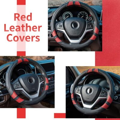 Achiou Red Car Steering Wheel Cover Universal 15 inch with Grip Contours, Leather Auto for Men and Women Non-Slip Breathable Soft and Comfortable - Image 3