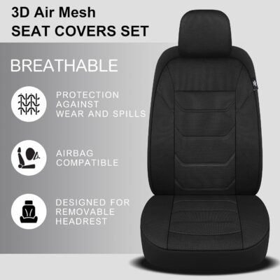 3D Air Mesh Car Seat Cover Full Sets Washable and Breathable Premium Cloth Automotive Vehicle Seat Covers for Cars Interior, Universal Fit for Most Cars, Sedan, Truck, SUV(Black) - Image 4