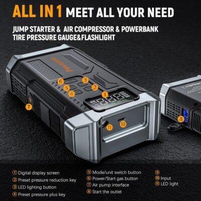 [2026NEW Model] 5000A Jump Starter with Air Compressor,Car Jumper Starter Portable with 150PSI Tire Inflator 12V Jump Box with LCD Display,Flashlight,Storage Case (Up 9L Gas/8L Diesel Engine - Image 5