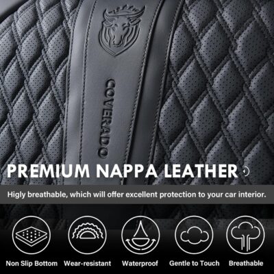 Coverado Car Seat Covers Full Set, Black Seat Covers for Car with Lumbar Support, Nappa Leather Seat Covers Waterproof Car Seat Protectors Universal Fit for Most Cars SUV Trucks - Image 6